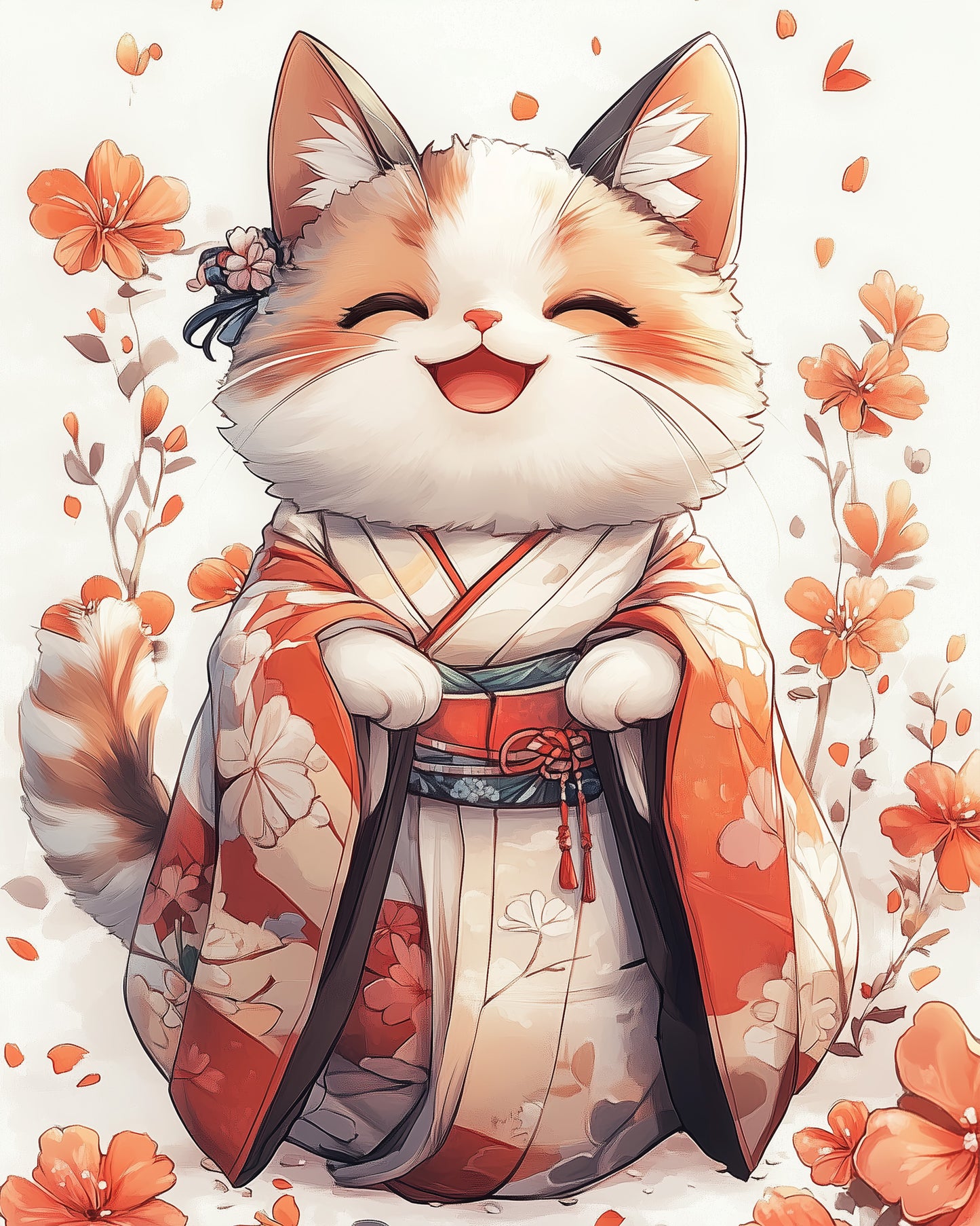 Miicreative-Kit: Niedliche Katze im Kimono mit blühenden Blumen. Ideal für kreative Entspannung durch Malen nach Zahlen.