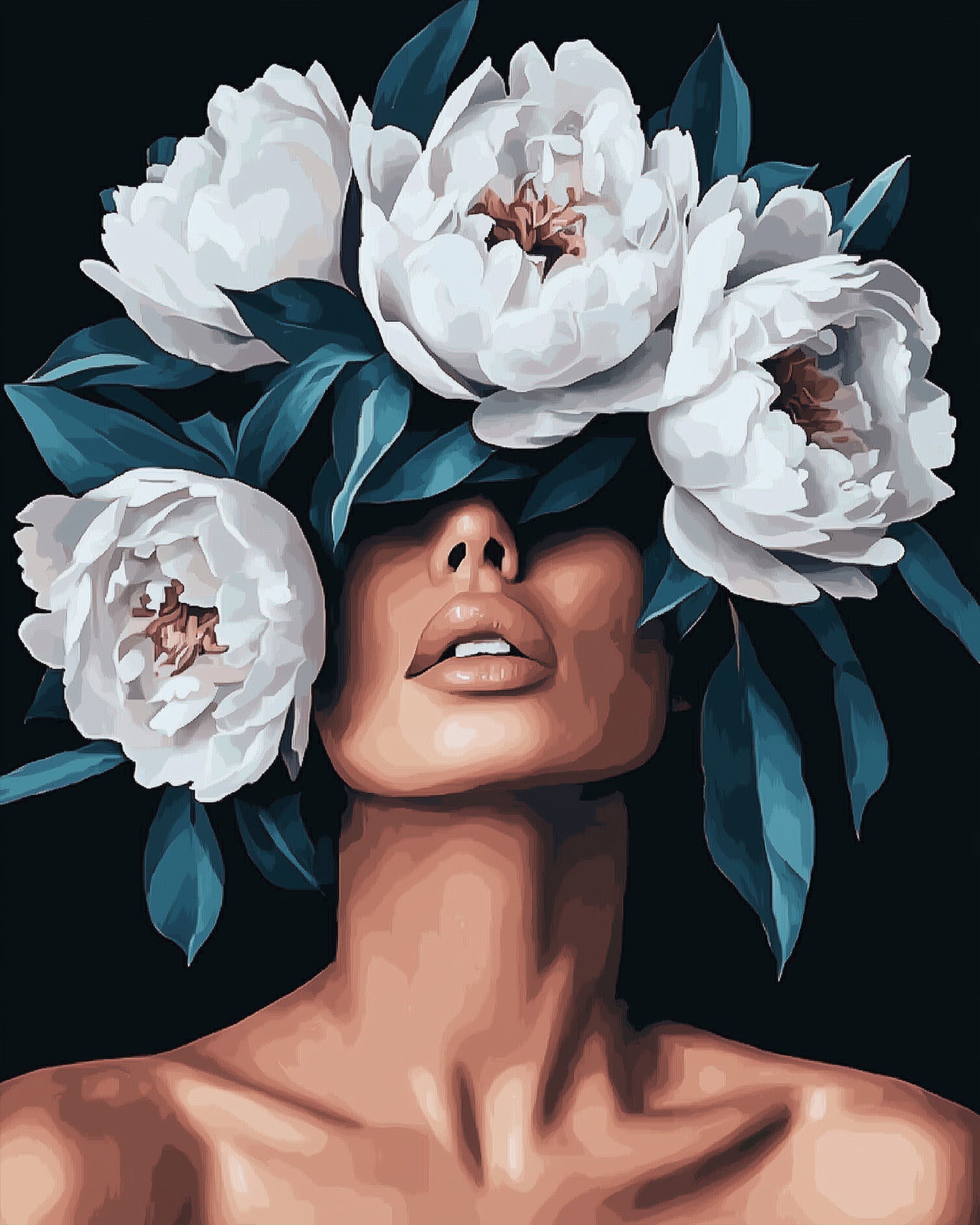 Ein künstlerisches Blumenmotiv in Weiß von miicreaitve. Perfekt für Stressabbau und kreativen Malen nach Zahlen Genuss.