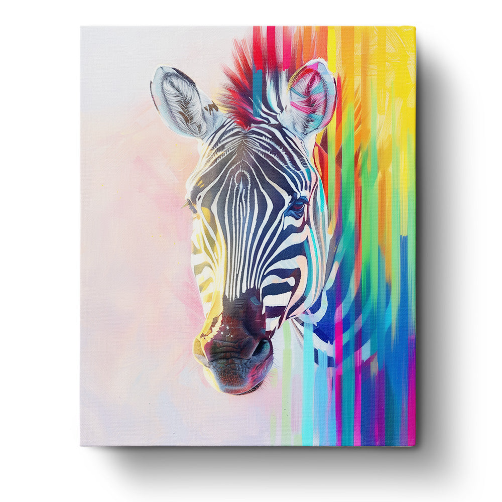 Ein lebendiges Zebra auf einem bunten Hintergrund, Teil des Malen nach Zahlen Sets 'Farbenfrohes Zebra' von miicreaitve. Perfekt für Kreativität und Achtsamkeit.