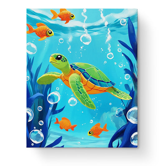 Eine bunte Unterwasserszene mit einer Schildkröte und Fischen aus dem Set 'Unterwasserschätze entdecken - Kids' von miicreaitve. Lebendige Farben und detailreiche Designs fördern Achtsamkeit und Kreativität.