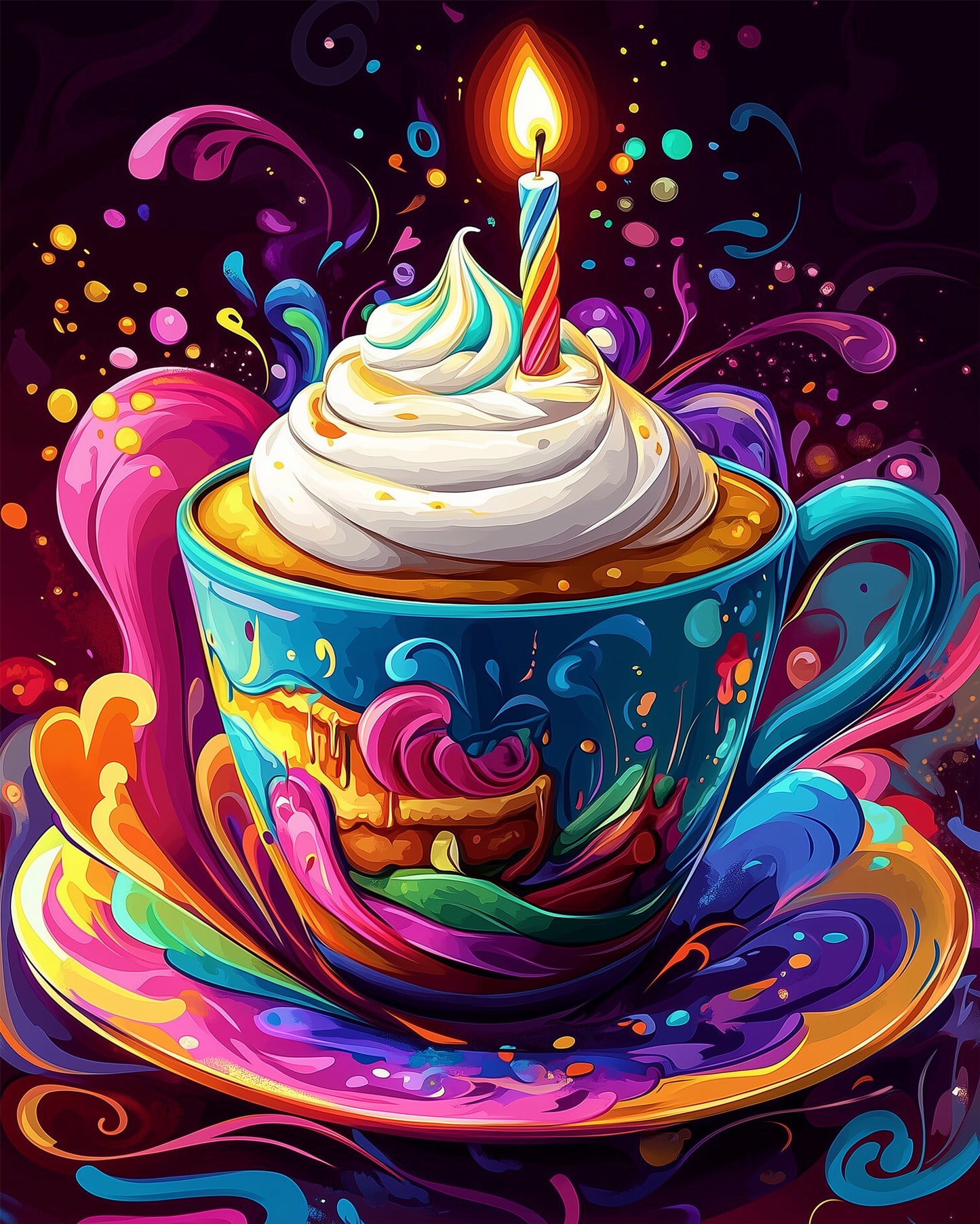 Farbenfrohe Tasse mit Kerze, dargestellt in lebendigen Pop Art Farben von miicreative. Ideal zum Stressabbau und zur Förderung der Kreativität.