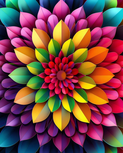 Leuchtende Mandala-Blüte mit kräftigen Farben. Produkt: Farbenfrohe Blüte - Mandalas von miicreaitve. Perfekt für Achtsamkeit und Kreativität.