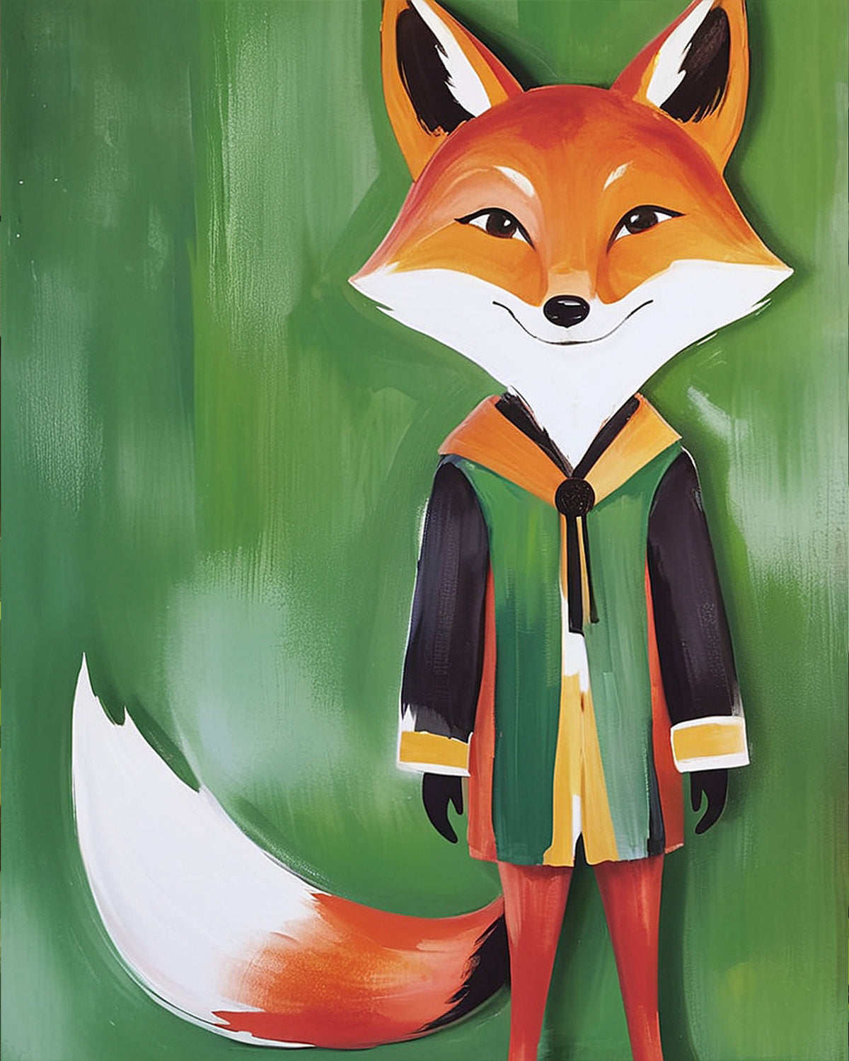 Ein Bild des Fabelhaften Fuchs von miicreaitve. Lebendige Farben auf grünem Hintergrund regen die Kreativität an und fördern die Achtsamkeit für Kinder. Perfekt als Malen nach Zahlen Set für kleine Künstler.