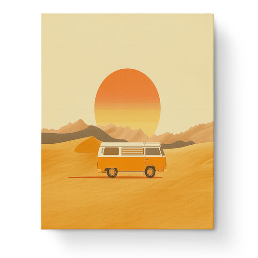 Eine minimalistische Szene mit einem orangefarbenen Van, der durch eine Wüste fährt, unter einem großen Sonnenuntergang. miicreative Malen nach Zahlen Kit verleiht deinem Tag Entspannung und kreative Freude.