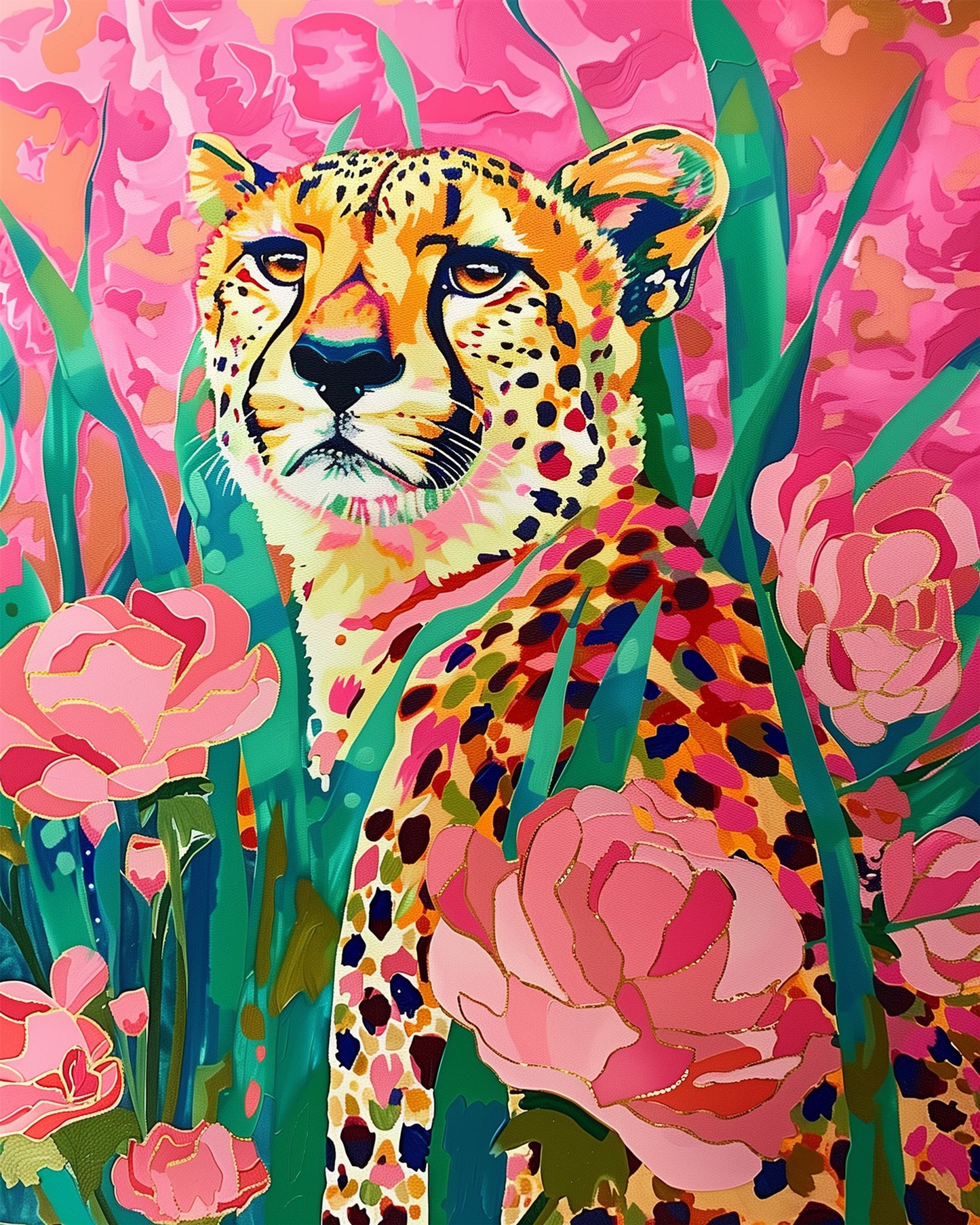 Ein lebhaft gestaltetes Bild eines Gepards mit Rosen im Hintergrund von miicreaitve. Der Titel lautet 'Majestätischer Gepard in Rosen - Abstract Animals'. Strahlende Farben unterstreichen das meditative Erlebnis.