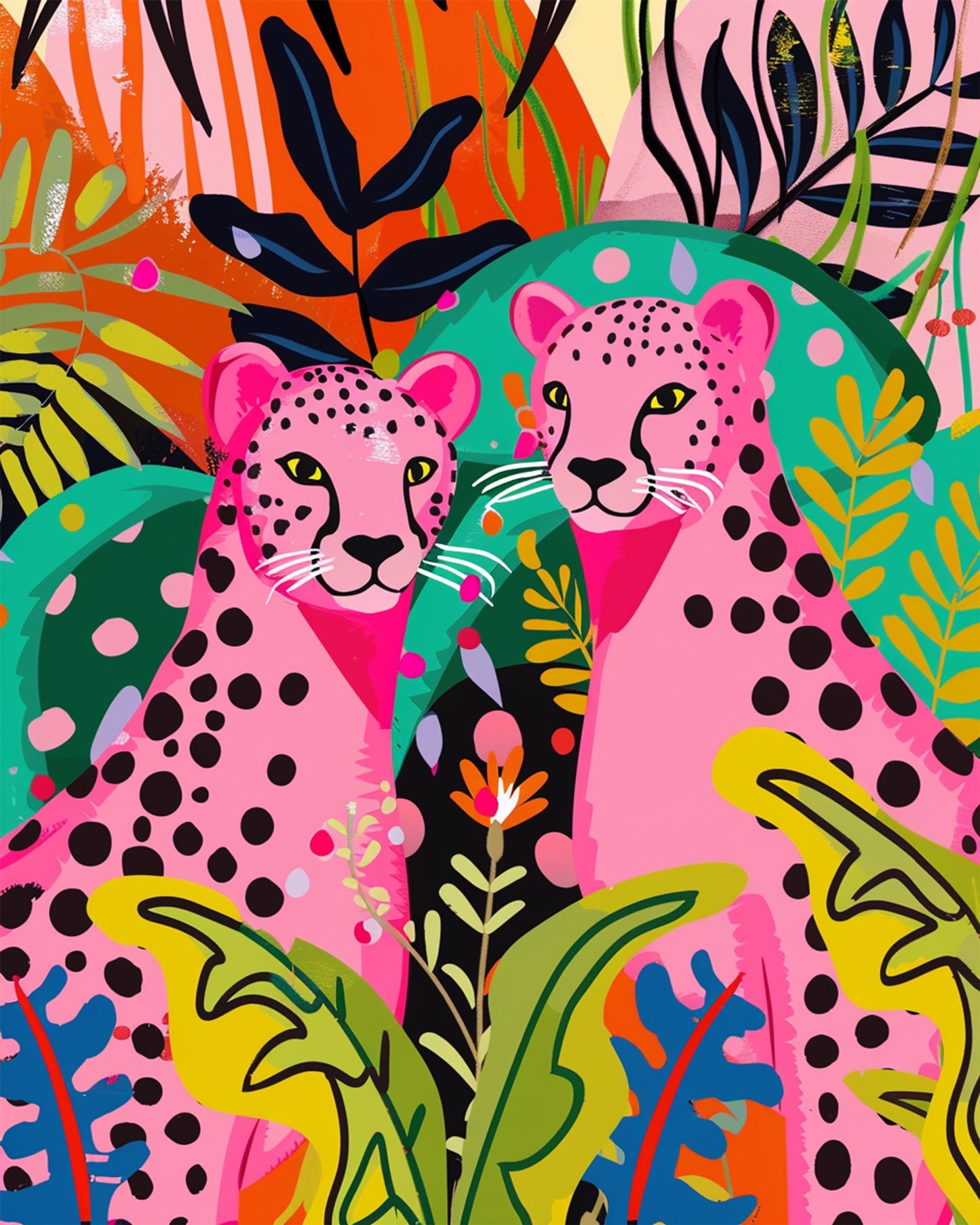 Ein farbenfrohes Bild mit zwei rosafarbenen Leoparden in einer lebhaften Dschungelszene. Leuchtende Leoparden - Abstract Animals, von der Marke miicreaitve, vermittelt Kreativität und Achtsamkeit.