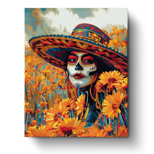 Ein lebendiges Bild einer Calavera mit Blumen von miicreaitve, zeigt detaillierte Muster und leuchtende Farben. Diese Malen nach Zahlen Set fördert Achtsamkeit und Kreativität.