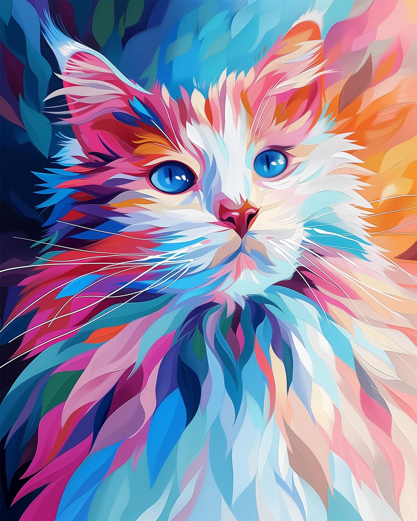 Ein lebendiges Bild einer abstrakten Katze in leuchtenden Blau-, Rosa- und Orangetönen. Produkt: Verträumte Katzenfantasie - Abstract Animals von miicreaitve. Dieses Kit lädt zur Achtsamkeit und kreativem Ausdruck ein.