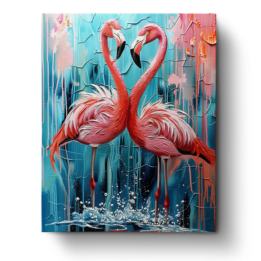 Zwei leuchtend rosa Flamingos im abstrakten Stil von miicreaitve in sanften Blau- und Rosatönen. Perfektes Malen nach Zahlen Set für entspannte Kreativität.