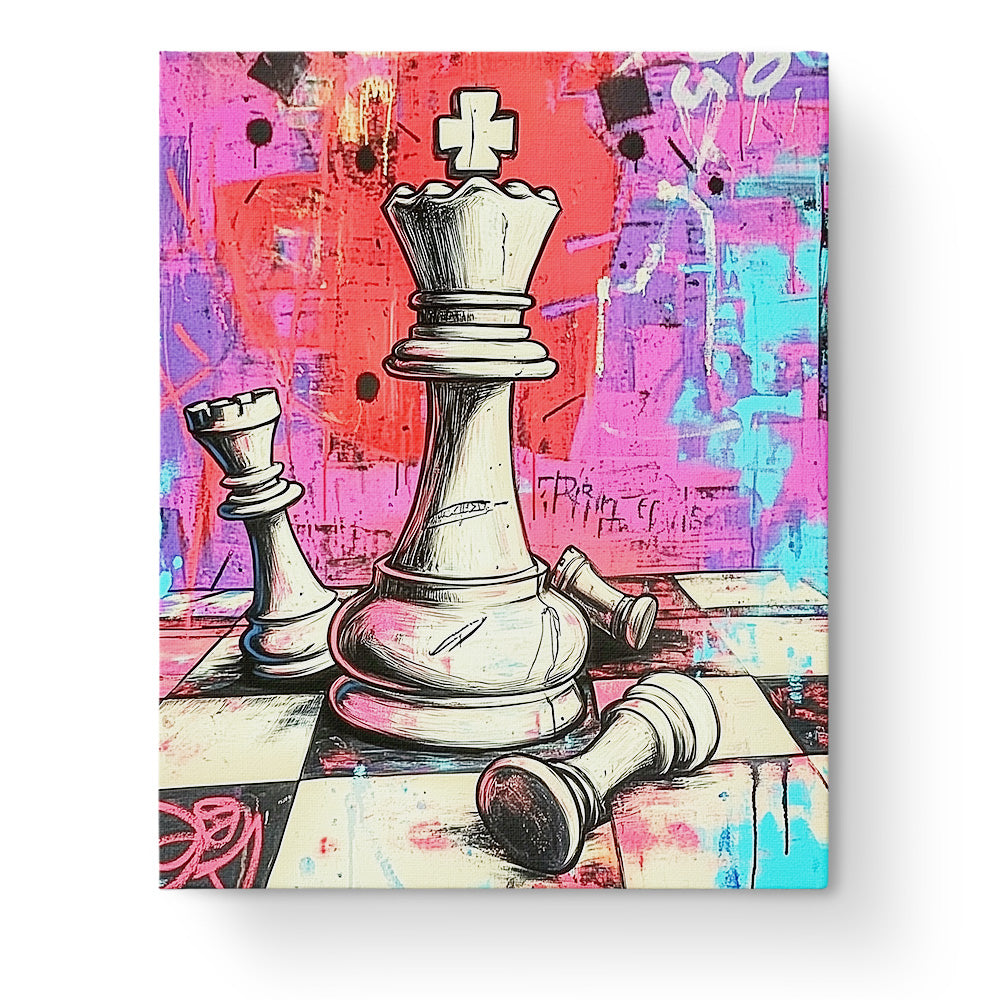 Ein Schachkönig auf einem farbenfrohen Brett im Pop-Art-Stil. Schachkönig Triumph von miicreaitve, Malen nach Zahlen Set. Lebhafte Farben vereinen sich mit meditativer Kreativität.