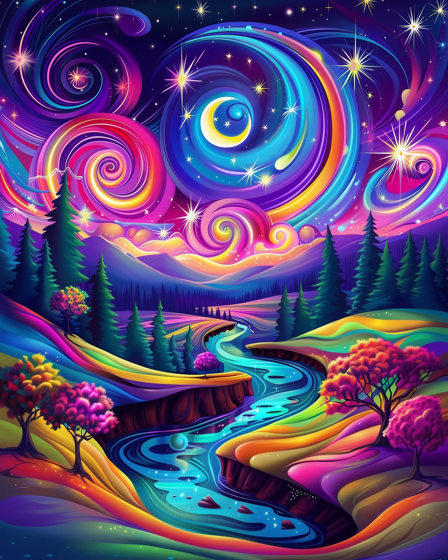 Ein lebendiges Bild einer traumhaften Galaxie von miicreaitve, mit leuchtenden Farben und einem Fluss unter einem sternenklaren Himmel. Ideal für Meditations- und Kreativprojekte.