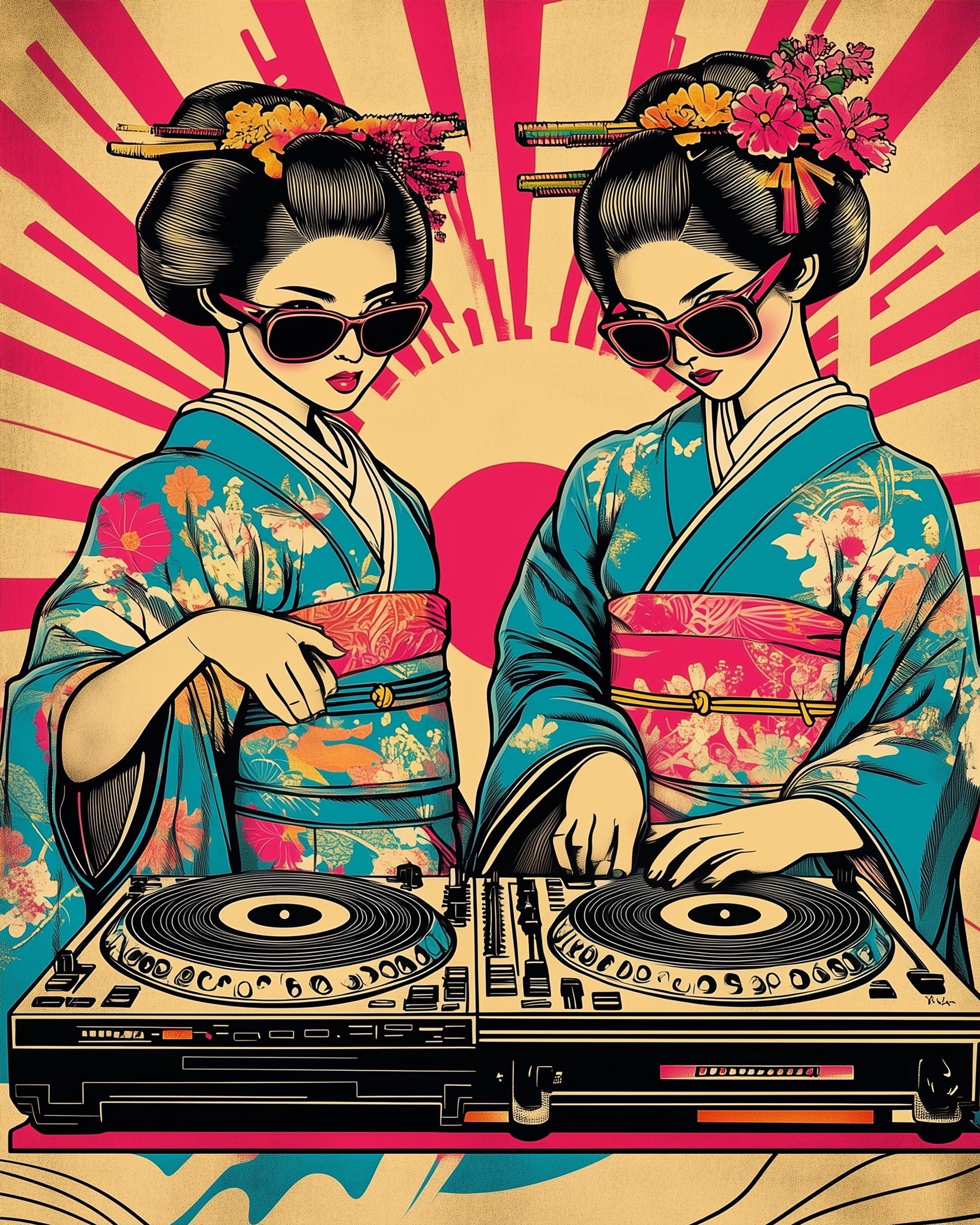 Künstlerische Darstellung von DJ Geishas mit Kimonos und Turntables, miicreative Malen nach Zahlen. Ideal für Entspannung und künstlerischen Ausdruck.