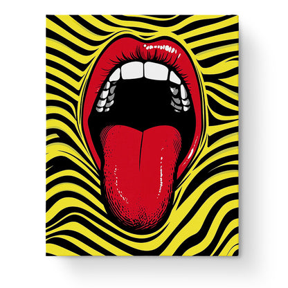 Pop Art Darstellung eines offenen Mundes mit roten Lippen auf gelbem Hintergrund von miicreaitve. Erlebe die Kreativität mit diesem Malen nach Zahlen Kit.