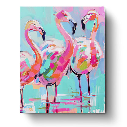 Lebhaftes Bild von Flamingos in leuchtenden Farben, mit dem Titel Flamingotanz - Abstract Animals von miicreaitve, das die kreativ-meditative Seite des Malens hervorhebt.