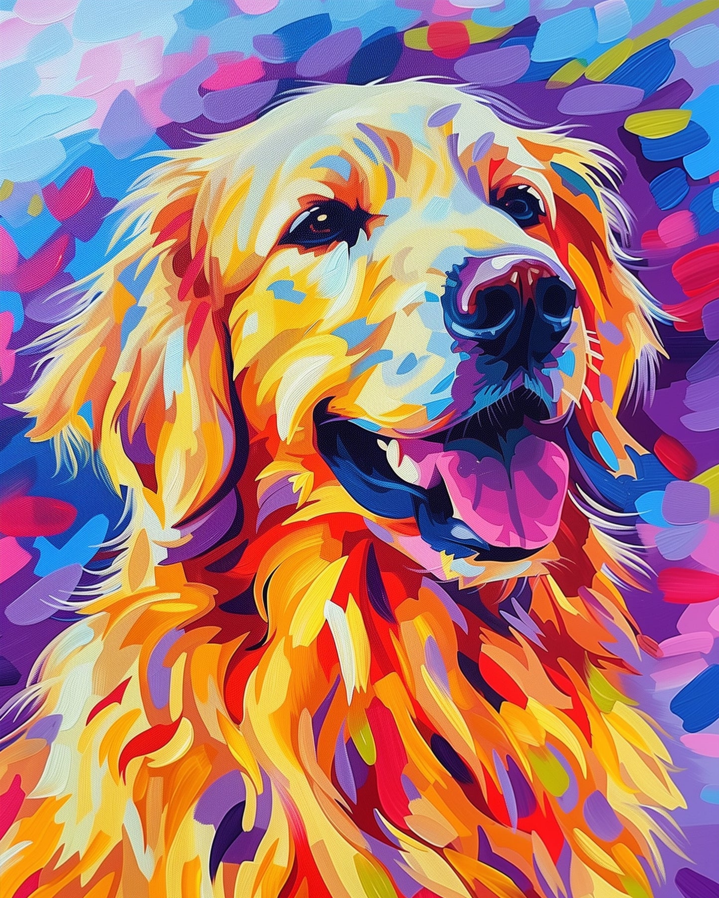 Ein leuchtend bunter Retriever in strahlenden Gelb-, Rosa- und Blautönen, Teil von Fröhlicher Retriever - Abstract Animals von miicreaitve. Ideal für Achtsamkeit und Kreativität.