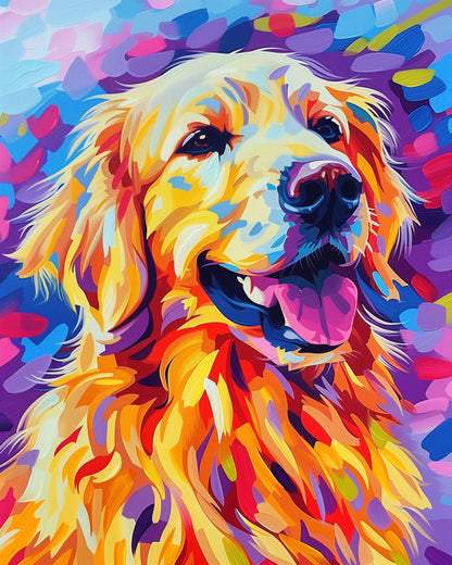 Ein leuchtend bunter Retriever in strahlenden Gelb-, Rosa- und Blautönen, Teil von Fröhlicher Retriever - Abstract Animals von miicreaitve. Ideal für Achtsamkeit und Kreativität.