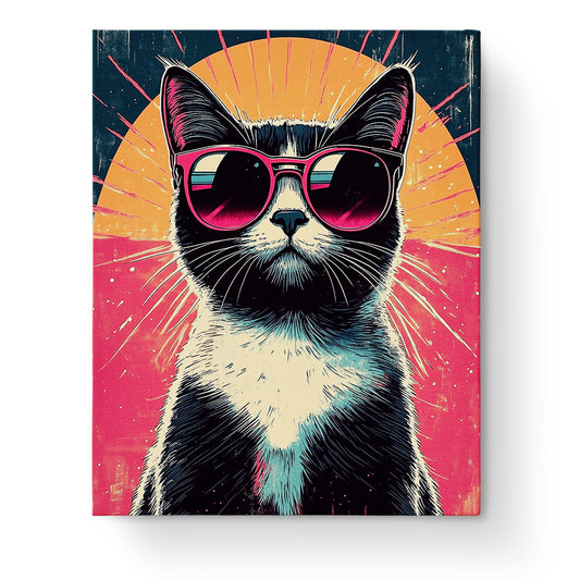 Ein Bild einer Katze mit Sonnenbrille im Pop Art Stil von miicreative. Lebendige Farben und entspannende Malen nach Zahlen Erfahrung. Perfekt für kreative Köpfe.