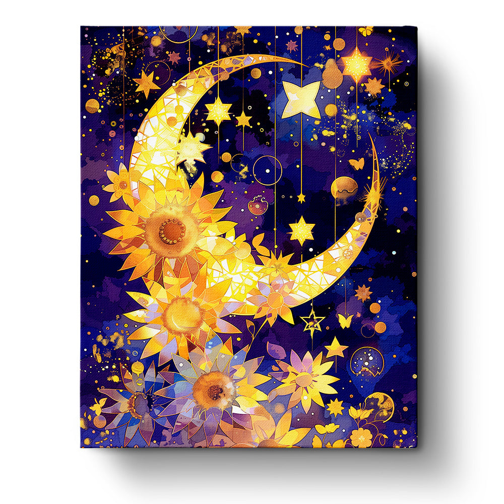 Ein inspirierendes Bild von Sonnenblumen und einem goldenen Mond in einem dunklen Nachthimmel, Teil des Sonnenblumen und Mond - Bohemian Vibes Sets von miicreaitve. Lebendige Farben und gestalterische Elemente fördern Achtsamkeit und Kreativität.