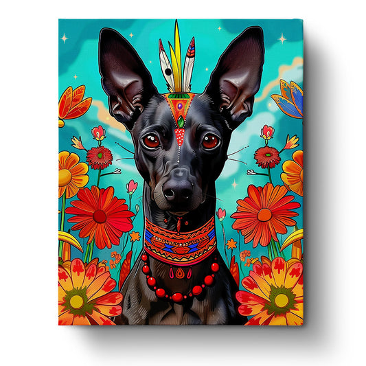 Ein faszinierendes Bild eines Xoloitzcuintlis, verziert mit bunten Blumen und Federschmuck, perfekt für das Malen nach Zahlen Kit Aztekischer Xoloitzcuintli - Mexiko von miicreaitve. Lebendige Farben fördern Kreativität und Achtsamkeit.