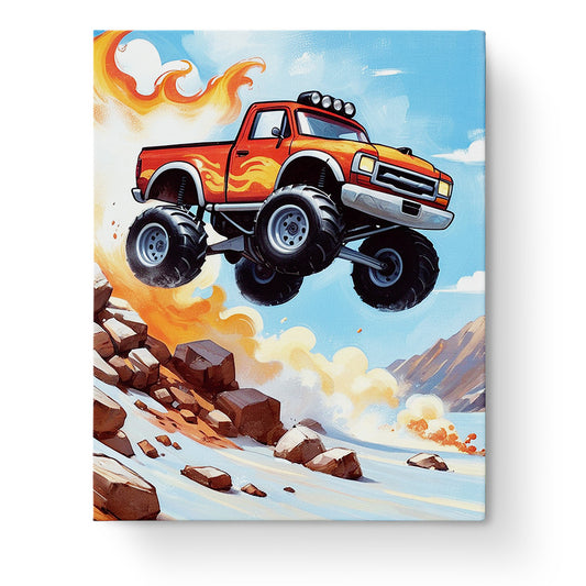 Ein feuriger Monstertruck springt durch felsiges Gelände. Das Bild zeigt die dynamische Energie und Kreativität, die mit dem Feuriger Monstertruck - Kids Malen nach Zahlen Set von miicreaitve erfahrbar wird. Lebendige Farben und ein Gefühl von Abenteuer.