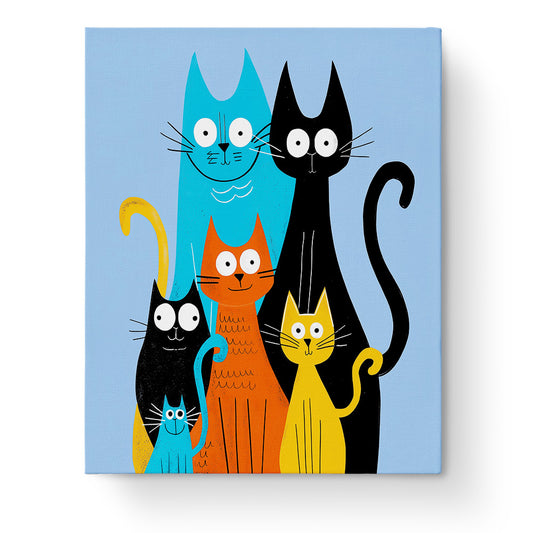 Katzenfamilie in Farben - Minimalistic von miicreative. Darstellung einer Gruppe bunter Katzen auf blauem Hintergrund, ideal für Kreativität und Achtsamkeit. Malen nach Zahlen Kit.