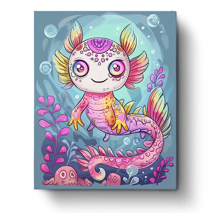 Ein bunter, fröhlicher Axolotl mit leuchtenden Farben von miicreaitve. Dieses Malen nach Zahlen Set inspiriert zu Achtsamkeit und Kreativität.