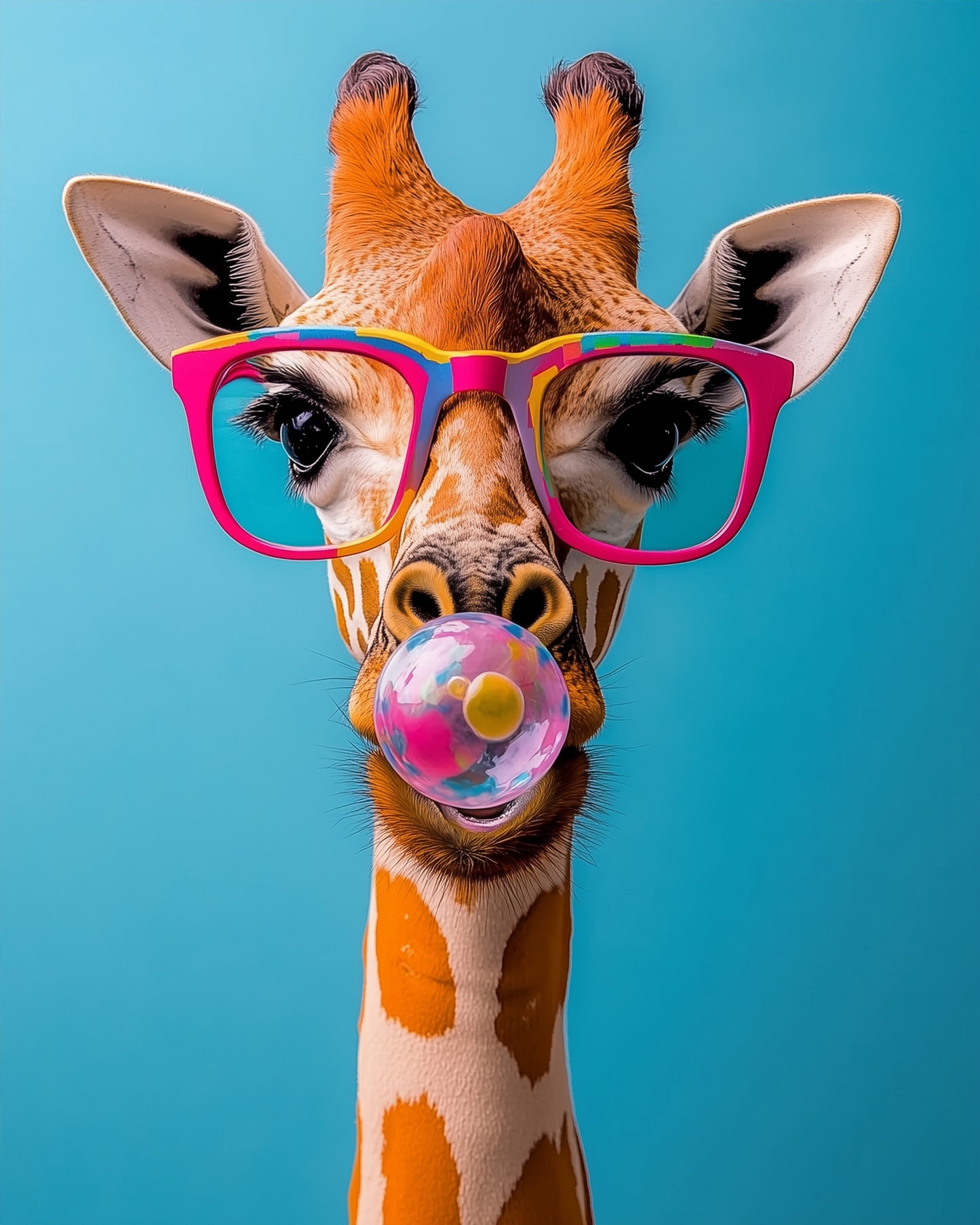 Malen nach Zahlen Kit von miicreative. Giraffe mit pinker Brille und Kaugummiblase, ideal für kreative Entspannung.