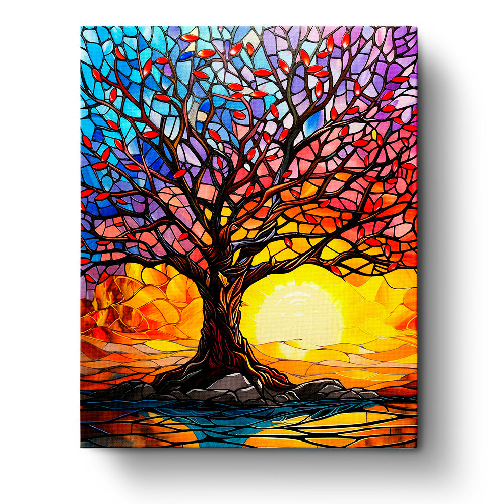 Vibrantes Glasfensterbild eines Baumes bei Sonnenuntergang, 'Baum der Ruhe - Meditation' von miicreaitve. Lebhafte Farben und kreative Details, ideal zur Förderung von Achtsamkeit und künstlerischer Ruhe.