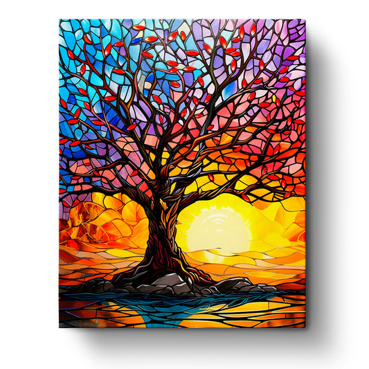 Vibrantes Glasfensterbild eines Baumes bei Sonnenuntergang, 'Baum der Ruhe - Meditation' von miicreaitve. Lebhafte Farben und kreative Details, ideal zur Förderung von Achtsamkeit und künstlerischer Ruhe.