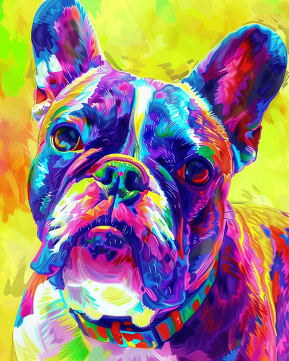 Ein leuchtendes Bild einer farbenfrohen Bulldogge von miicreaitve aus der Reihe Bunte Bulldogge - Abstract Animals. Die lebhaften Farben fördern Achtsamkeit und Kreativität.