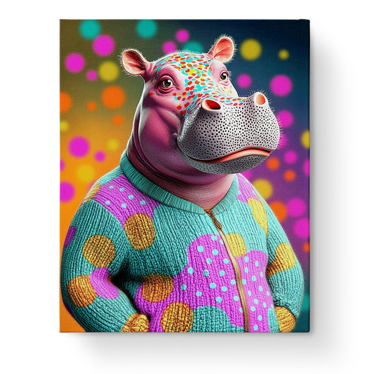 Ein buntes Hippo im Pop Art Stil. Das Bild zeigt lebhafte Farben und Muster, ein witziger und kreativer Ansatz. Malen nach Zahlen Kit von miicreaitve.