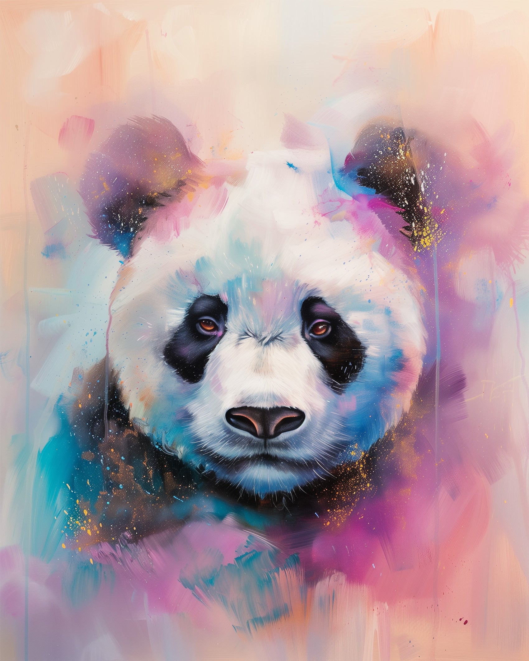 Bild eines bunten Panda-Kopfes in lebhaften Pastelltönen, mit dem Produktnamen 'Bunter Panda - Abstract Animals' und der Marke miicreaitve. Ideal für meditative und kreative Stunden.