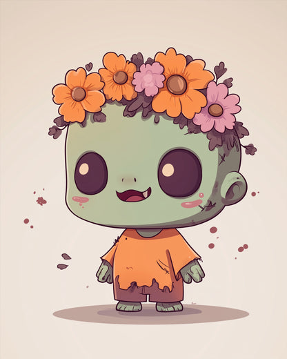 Ein charmantes Zombie-Kind mit Blumen im Haar von miicreaitve. Bunte Blumenkrone auf einem niedlichen Zombie-Kopf. Meditative Kreativität und Spaß.