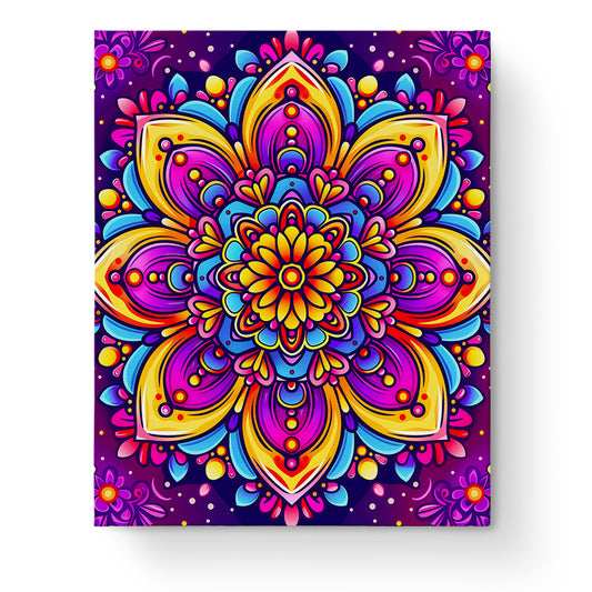 Leuchtende Blütenpracht Mandalas mit intensiven Farben von miicreaitve. Das Bild zeigt eine bunte Mandala-Blume in leuchtendem Gelb, Pink und Blau-Design und fördert Achtsamkeit und Kreativität.