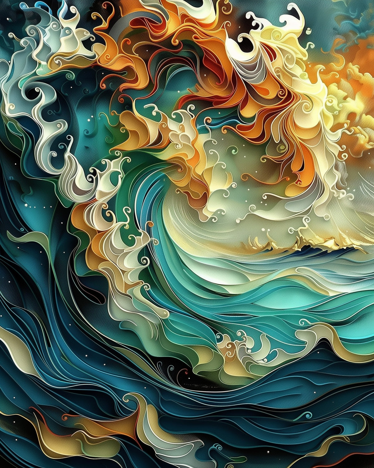 Eindrucksvolle Wellen in orange und blau von miicreative. Genießen Sie das Malen nach Zahlen Erlebnis mit Magische Wellenkunst - Sea Landscape. Ideal zur Stressreduktion.