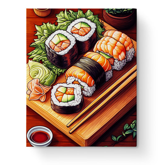 Malen nach Zahlen Kit 'Sushi-Meisterwerk' von miicreative. Lebendige Sushi-Darstellung mit frischen Farben. Ideal für Achtsamkeit und kreative Entspannung.