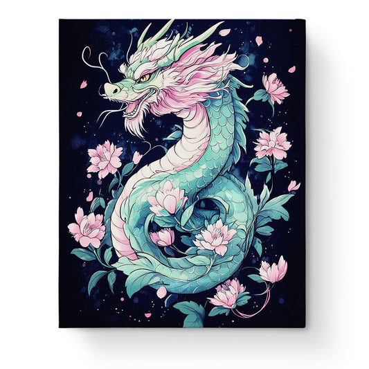 Malen nach Zahlen mit einem grünen Drachen in rosa Blüten. Drachenblütenzauber von miicreative vereint Kreativität mit Meditation.