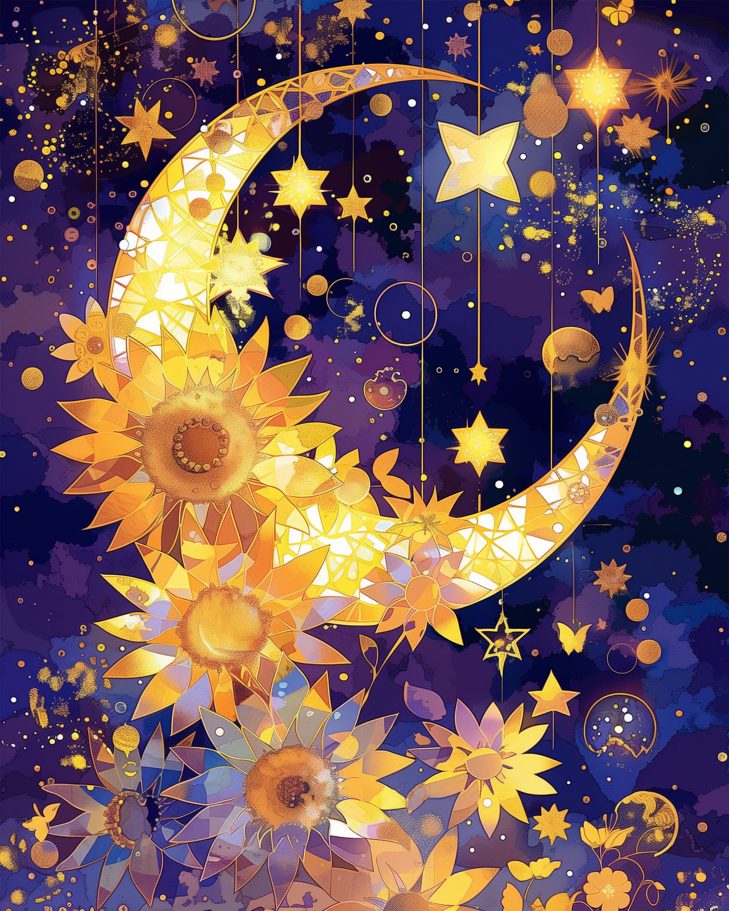 Ein inspirierendes Bild von Sonnenblumen und einem goldenen Mond in einem dunklen Nachthimmel, Teil des Sonnenblumen und Mond - Bohemian Vibes Sets von miicreaitve. Lebendige Farben und gestalterische Elemente fördern Achtsamkeit und Kreativität.