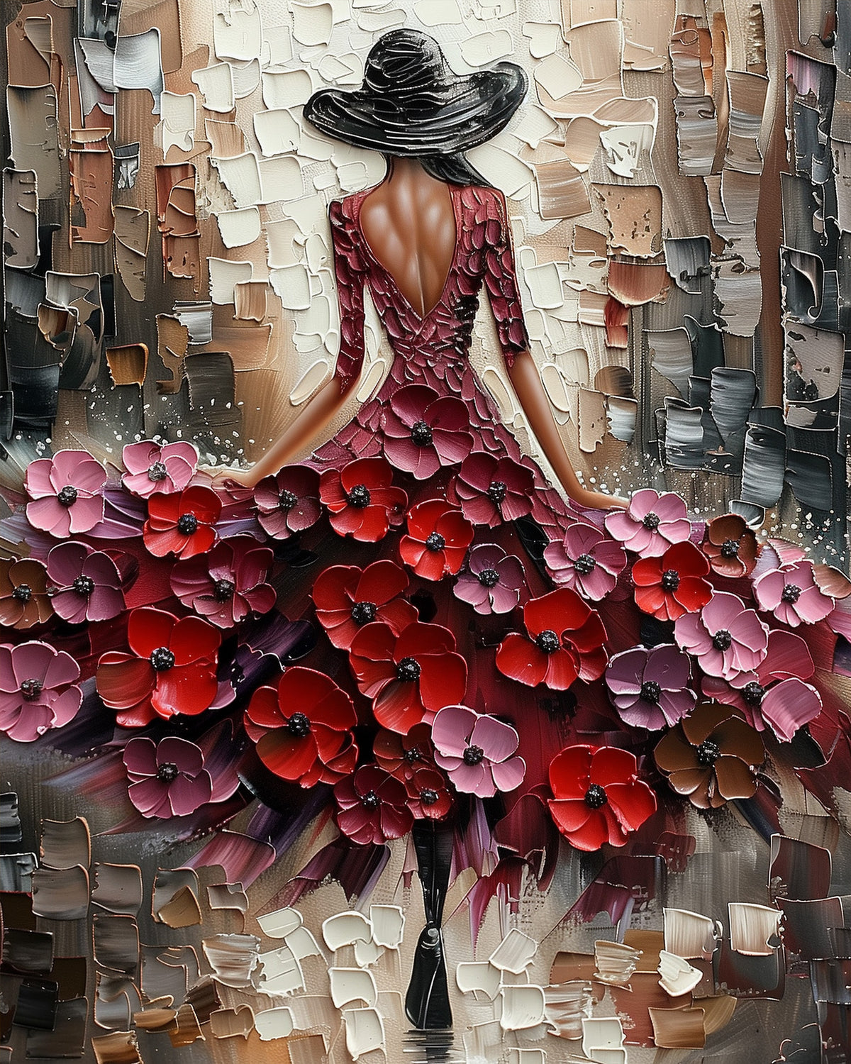 Die floral gestaltete Frau im Mohnblütenkleid von miicreative bietet ein entspannendes Malen nach Zahlen Erlebnis. Perfekt für Achtsamkeit und Kreativität.