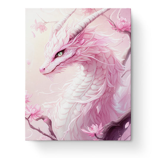 Traumhafter Drachenglanz von miicreative. Ein majestätischer Drache in sanften Rosa- und Weißtönen, umgeben von zarten Blüten. Ein Malen nach Zahlen Set, das Kreativität und Achtsamkeit fördert.