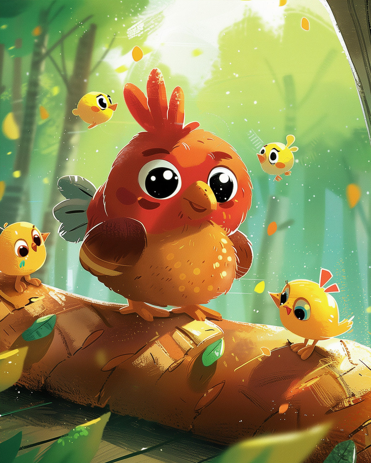 Fröhliche Kükenfamilie - Kids von miicreaitve. Lebendige Farben und niedliche Küken im Wald laden zu achtsamem und kreativem Malen ein. Dieses Bild zeigt eine Mutterkuh mit ihren Küken in einer frühlingshaften Szene, perfekt für junge Künstler.