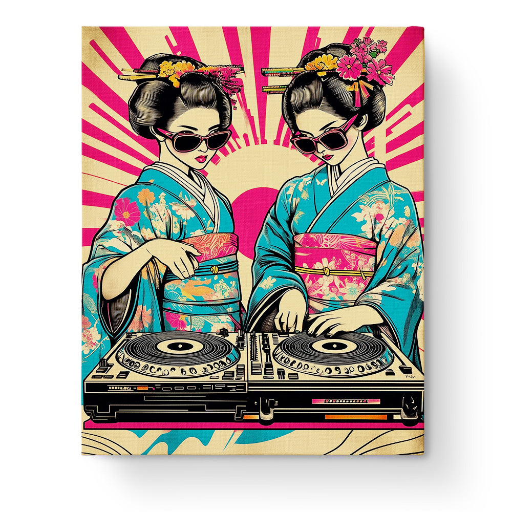 Zwei DJ Geishas in leuchtenden Kimonos und Sonnenbrillen vor einem Plattenspieler, miicreative Malen nach Zahlen. Lebhafte Farben und Pop Art Stil fördern Kreativität und Achtsamkeit.