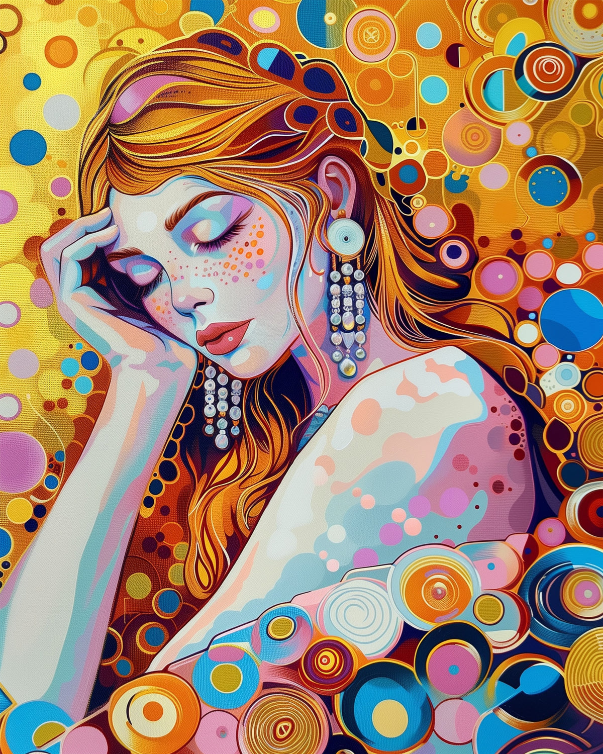 Ein lebendiges, farbenfrohes Bild einer schlafenden Frau umgeben von spiralförmigen und kreisförmigen Mustern. 'Traumhafte Farbenwelt - Bohemian Vibes' von miicreaitve betont die Kreativität und Meditation des Malens.