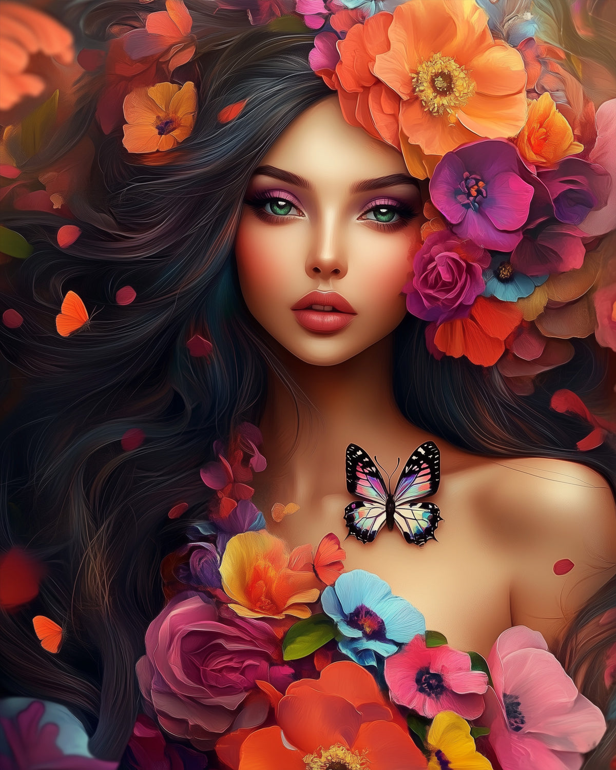 Detailreiches Bild einer Frau mit lebendigen Blumen und Schmetterling. Malen nach Zahlen mit miicreative. Ein meditativer und kreativer Prozess, um dich zu entspannen.