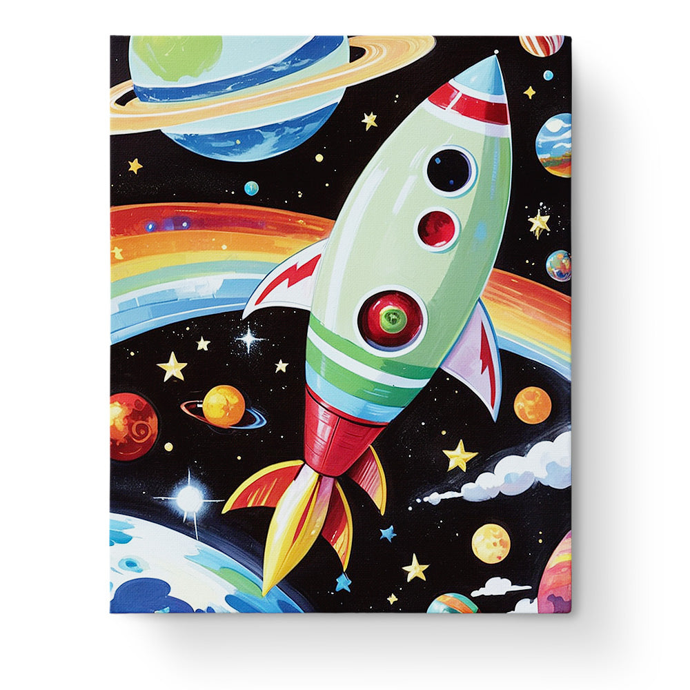 Ein farbenfrohes Bild einer Rakete im Weltraum, das Teil des 'Raketenausflug ins All - Kids' Sets von miicreaitve ist. Bunte Planeten und Sterne erwecken Kreativität und fördern Achtsamkeit durch Malen nach Zahlen.