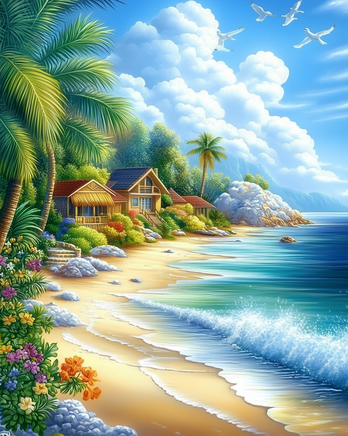 Eine idyllische Strandlandschaft mit Palmen und blauen Wellen in einem Malen nach Zahlen Kit von miicreative. Entspannung und Kreativität vereint.