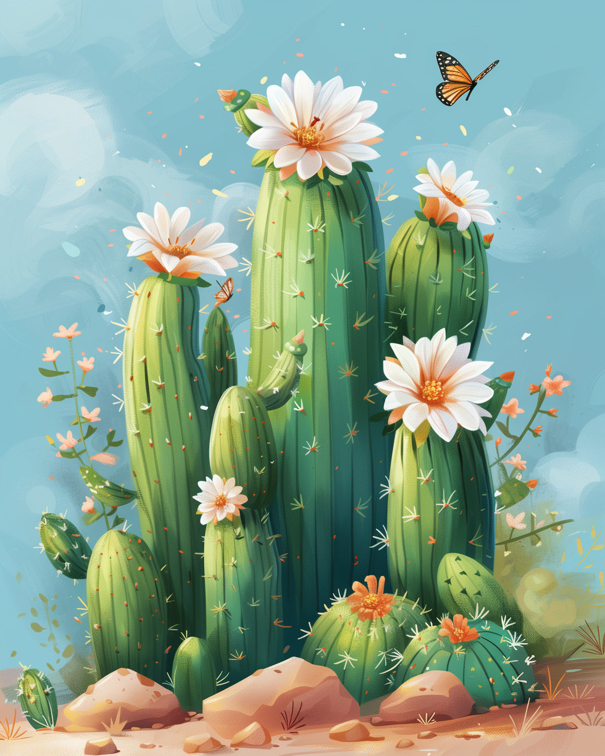 Eine leuchtende Kakteenlandschaft mit Blüten und einem Schmetterling, Teil des Produkts 'Blühende Kakteenlandschaft - Mexiko' von miicreaitve. Dieses Malen nach Zahlen Set bietet ein meditativer künstlerischer Prozess.