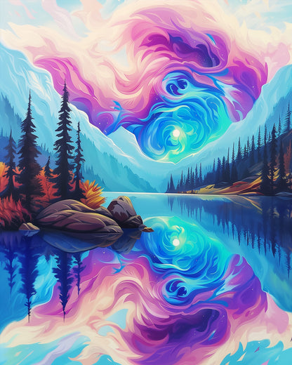 Farbenfrohe, mystische Landschaft mit Bergkulisse und reflektierendem Wasser, Produktname: Mystische Landschaft - Meditation von miicreaitve. Ideal für kreatives und meditatives Malen.