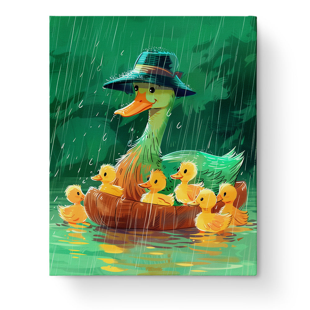 Ein fröhliches Bild einer Entenfamilie im Regen mit leuchtenden Farben, Titel Enten-Abenteuer im Regen - Kids, von der Marke miicreaitve. Perfekt für achtsames und kreatives Malen.