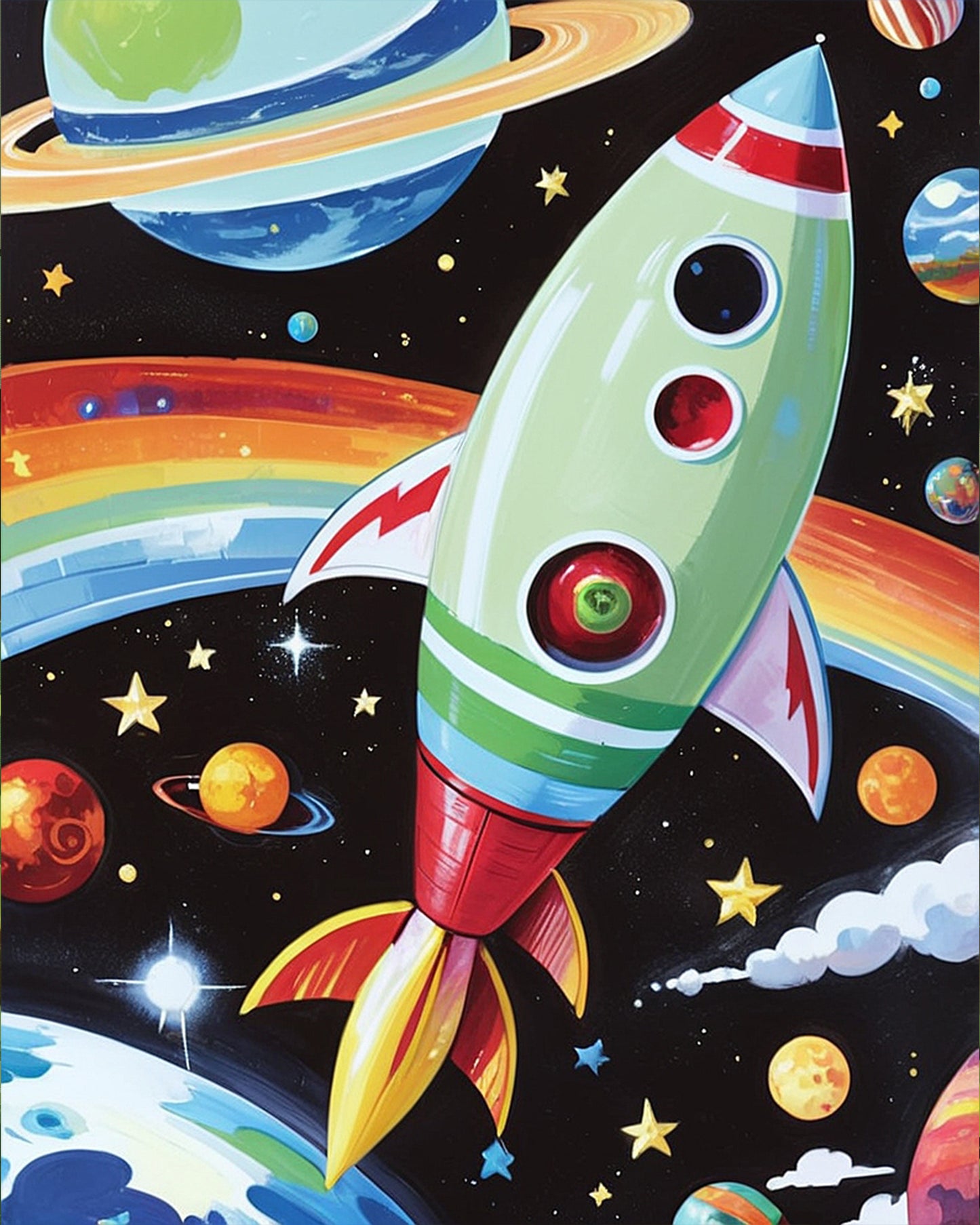 Ein farbenfrohes Bild einer Rakete im Weltraum, das Teil des 'Raketenausflug ins All - Kids' Sets von miicreaitve ist. Bunte Planeten und Sterne erwecken Kreativität und fördern Achtsamkeit durch Malen nach Zahlen.